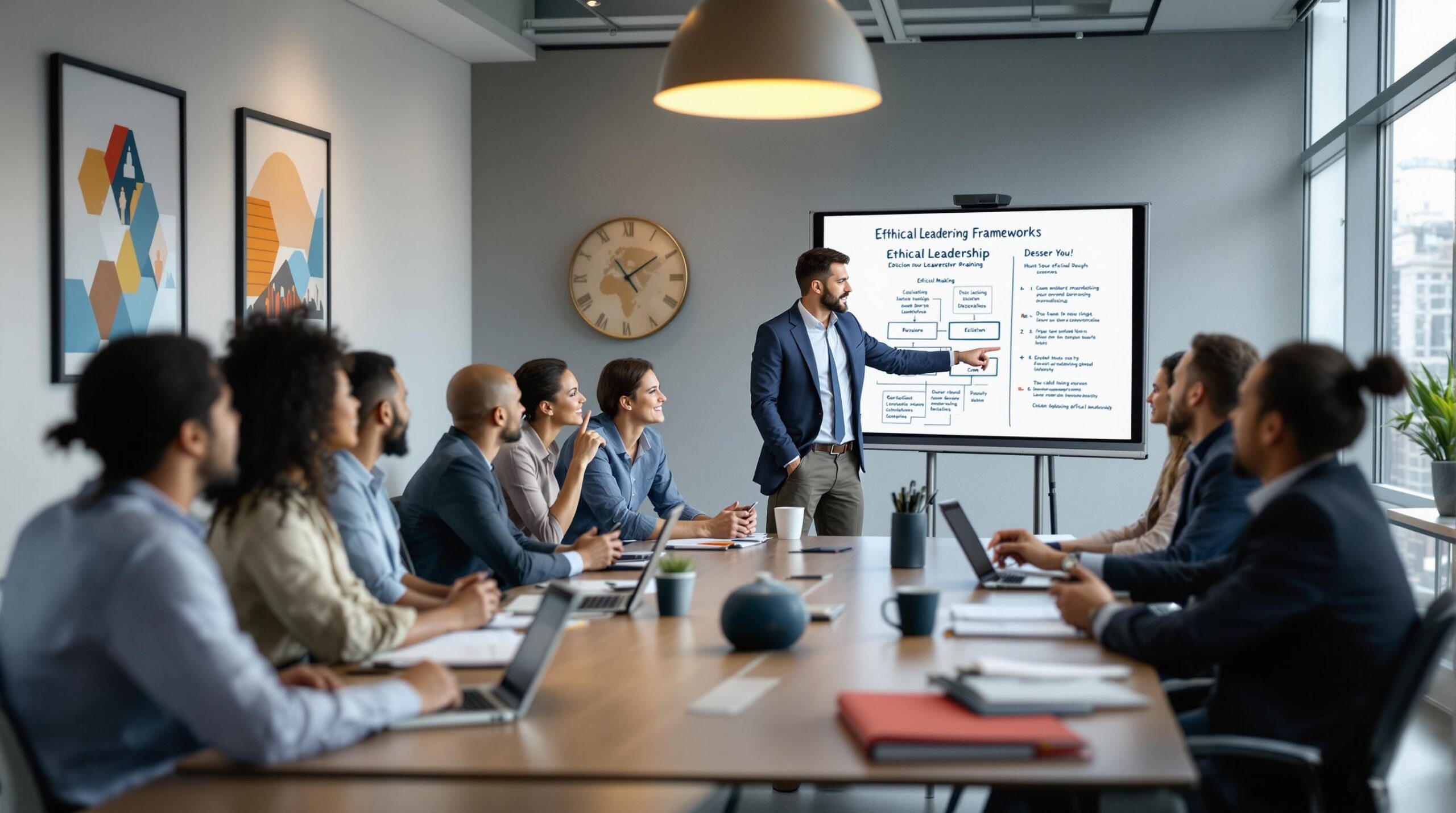 Diverse business executives participate in an ethical leadership training session around a modern conference table, with a facilitator presenting decision-making frameworks on a digital whiteboard in a bright contemporary boardroom.