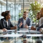 Diverse business professionals engaged in ethical leadership discussion around modern glass conference table in bright, transparent office environment.