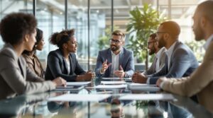 Diverse business professionals engaged in ethical leadership discussion around modern glass conference table in bright, transparent office environment.