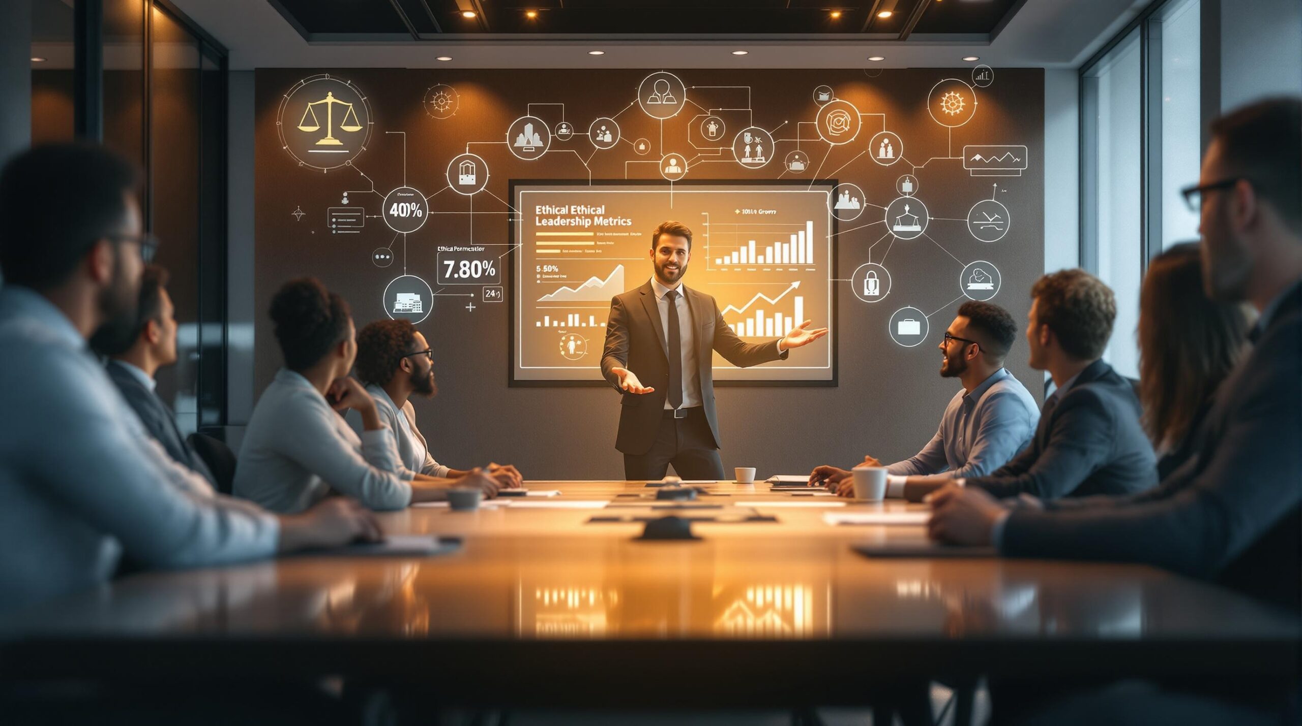 Professional boardroom meeting showcasing effective and ethical leadership with diverse business leaders gathered around a conference table, central figure presenting leadership metrics and growth charts on screen with holographic balance scale and network graphics overhead.