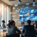 Diverse business leaders demonstrate effective and ethical leadership during a professional boardroom meeting, with a presenter showing growth metrics on screen while holographic graphics display overhead in a modern corporate conference room.