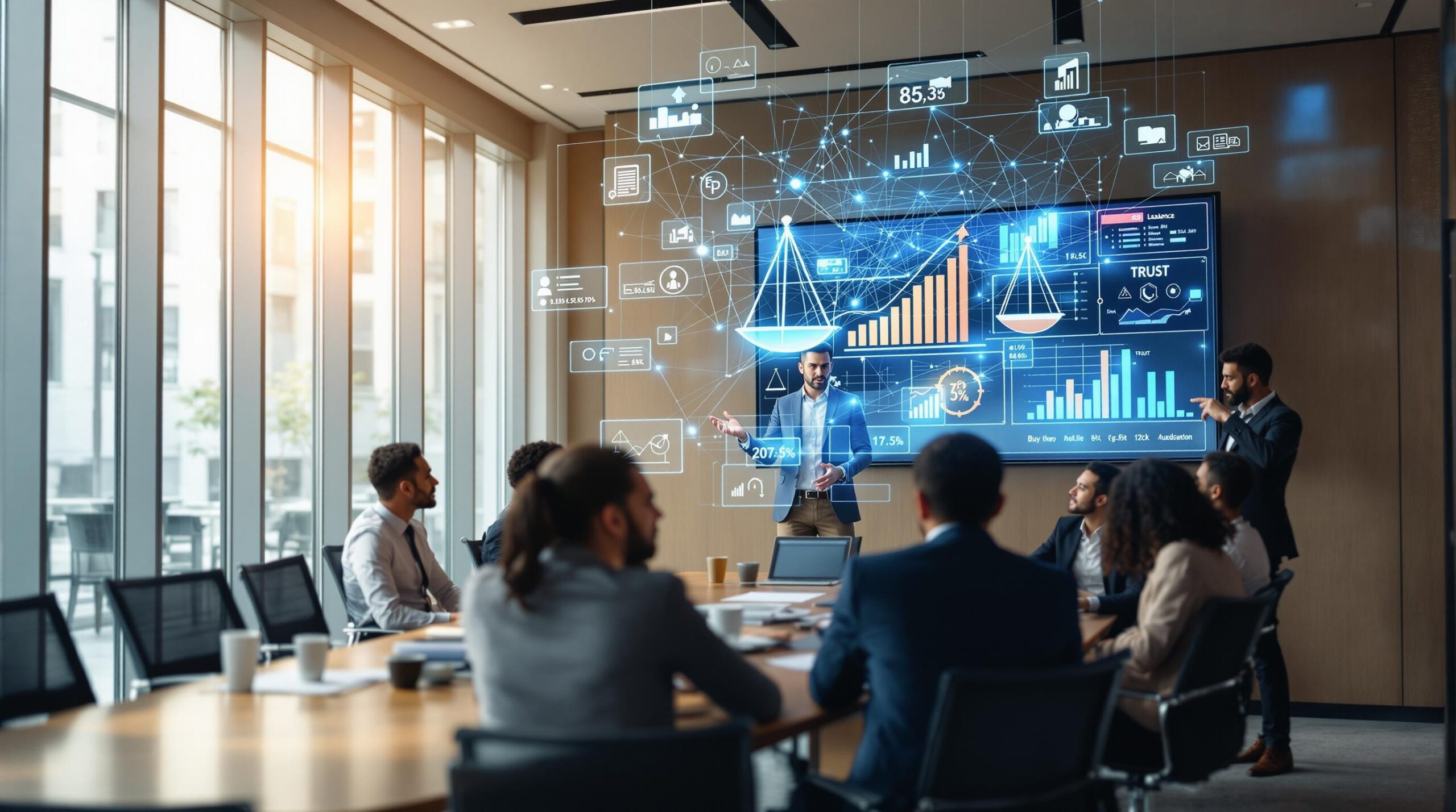 Diverse business leaders demonstrate effective and ethical leadership during a professional boardroom meeting, with a presenter showing growth metrics on screen while holographic graphics display overhead in a modern corporate conference room.