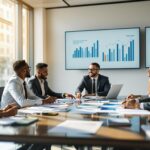 Diverse corporate executives demonstrating moral and ethical leadership during collaborative boardroom meeting with strategic documents and data visualizations
