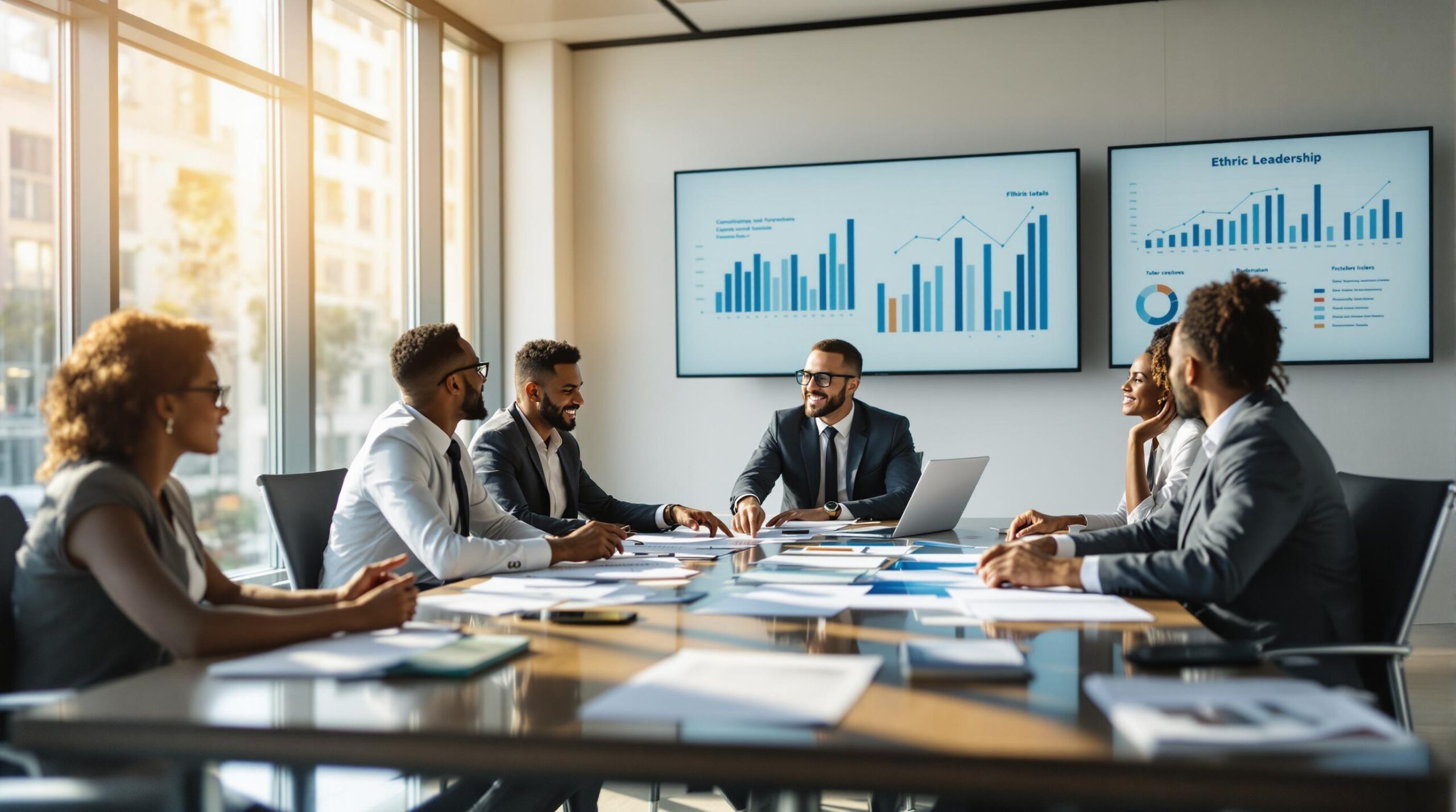 Diverse corporate executives demonstrating moral and ethical leadership during collaborative boardroom meeting with strategic documents and data visualizations