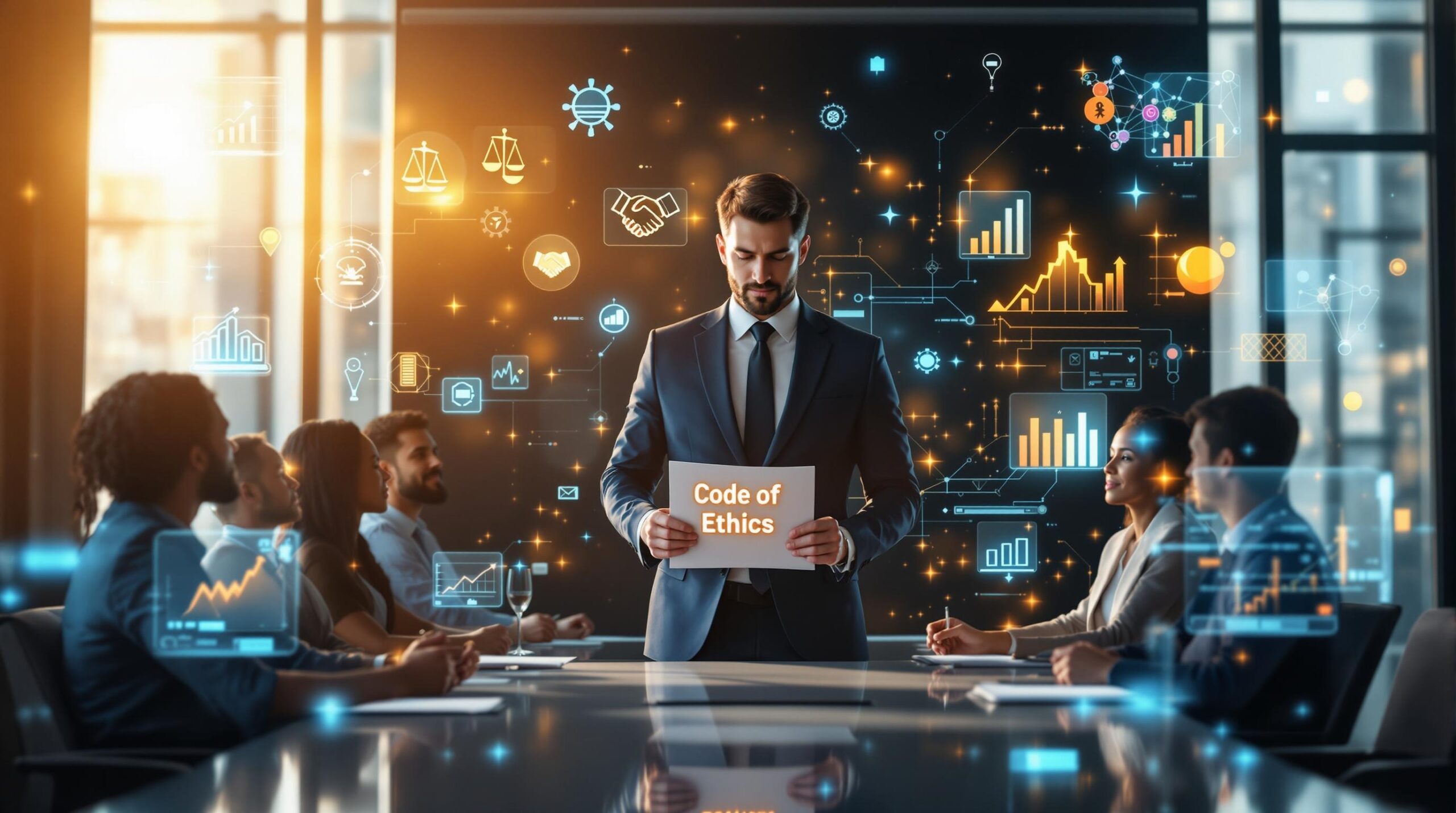 Business leader presenting Leadership Code of Ethics document in modern boardroom with diverse team members and holographic ethical symbols including scales of justice and handshake icons