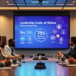 Diverse business professionals in modern conference room discussing Leadership Code of Ethics displayed on presentation screen with trust metrics and integrity icons.