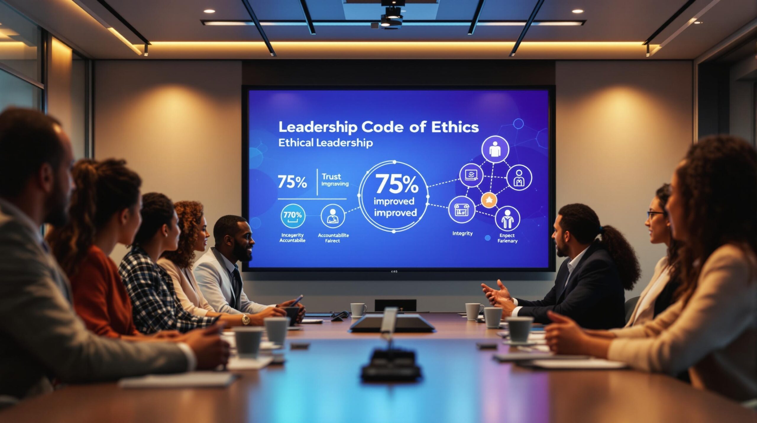 Diverse business professionals in modern conference room discussing Leadership Code of Ethics displayed on presentation screen with trust metrics and integrity icons.