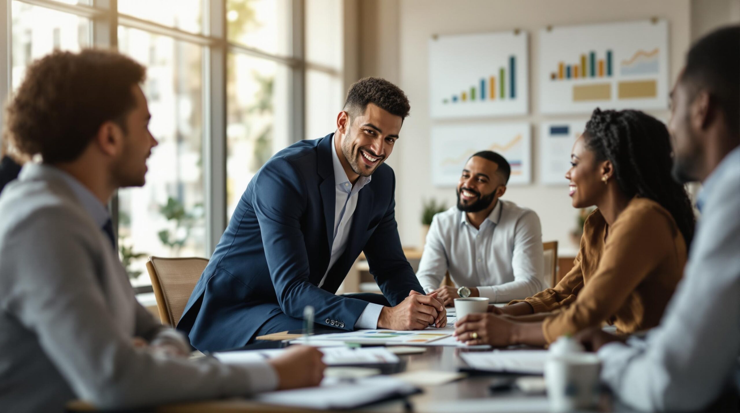 Business executive demonstrating ethics and servant leadership by kneeling to support diverse team members around conference table in modern corporate office setting