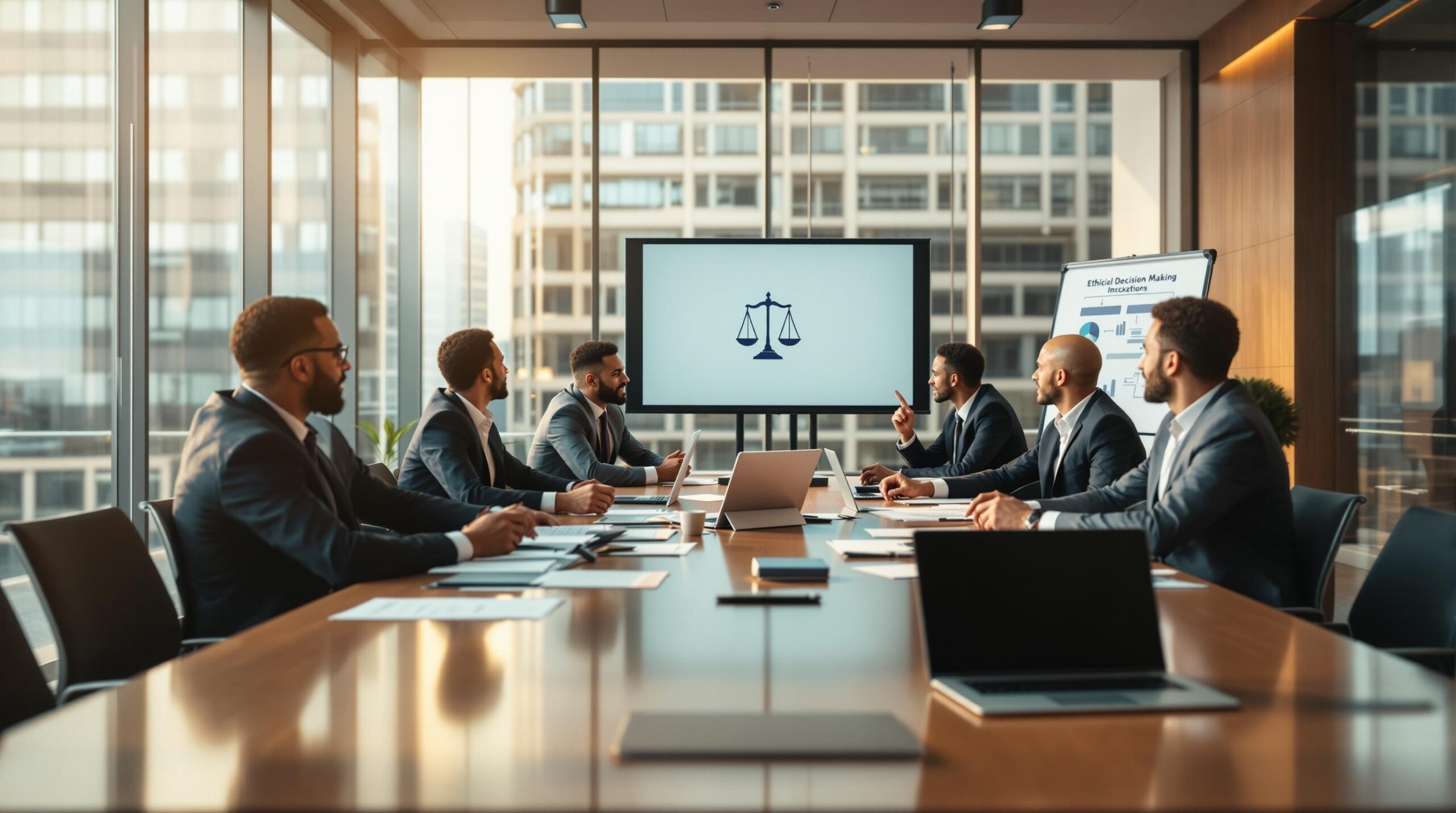 Diverse business executives in modern conference room discussing ethical dilemmas guide and workplace ethics during strategic meeting with documents and presentation materials visible on table
