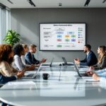 Diverse business executives discussing ethical dilemmas guide and workplace ethics in modern conference room with presentation materials and city skyline view.