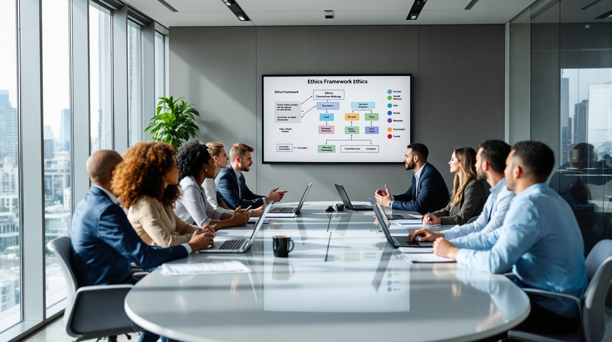Diverse business executives discussing ethical dilemmas guide and workplace ethics in modern conference room with presentation materials and city skyline view.