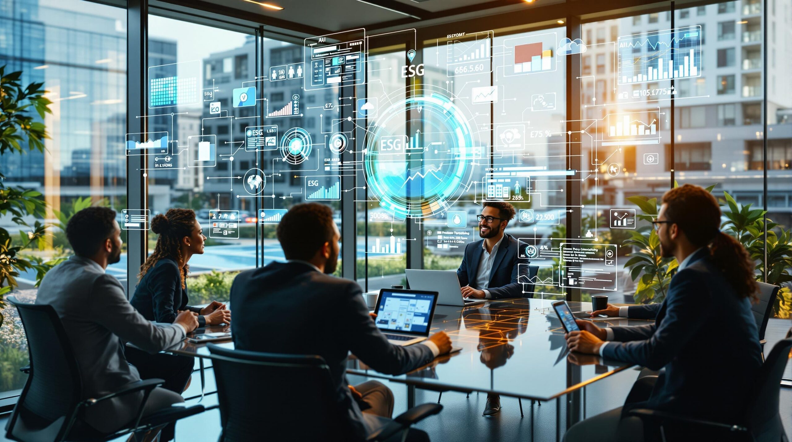 Diverse executives collaborating around holographic ESG data displays in modern boardroom, showcasing the future of business ethics and corporate responsibility trends with sustainable technology integration.