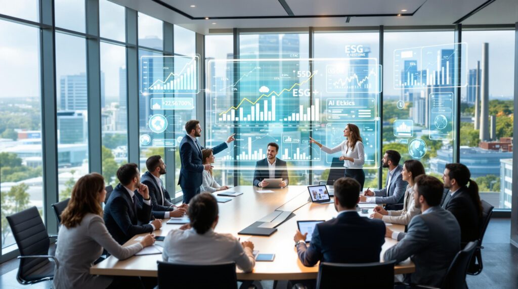Diverse executives in modern boardroom discussing future of business ethics and corporate responsibility trends while viewing holographic ESG performance metrics and sustainability data displays above conference table with green cityscape visible through windows.