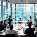 Diverse executives in modern boardroom discussing future of business ethics and corporate responsibility trends while viewing holographic ESG performance metrics and sustainability data displays above conference table with green cityscape visible through windows.