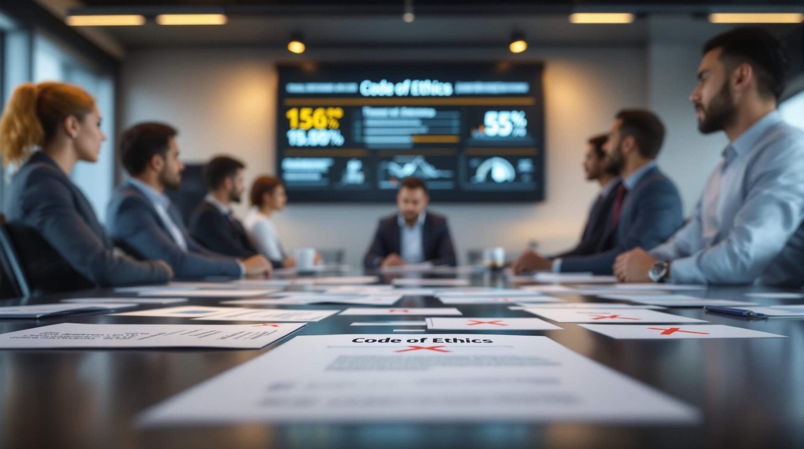 Diverse business executives at conference table reviewing Code of Ethics documents marked with red X symbols indicating corporate ethics errors, with declining trust metrics displayed on wall screen in background.