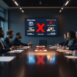 Diverse business executives in corporate boardroom reviewing ethics code documents marked with red X symbols, displaying serious concern over code of ethics mistakes and corporate ethics errors during crisis meeting.