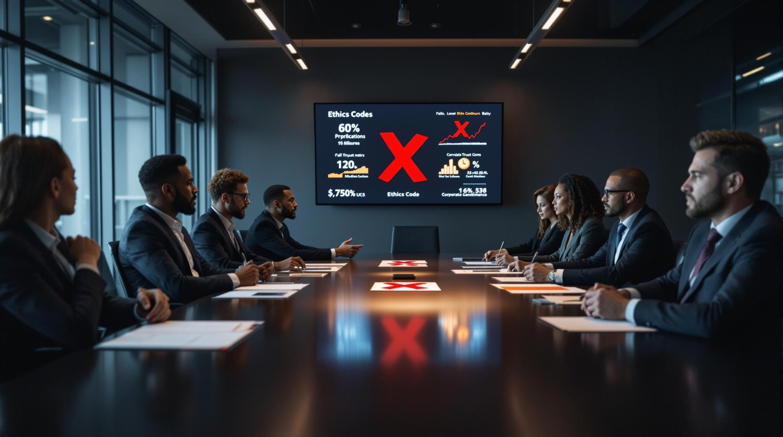 Diverse business executives in corporate boardroom reviewing ethics code documents marked with red X symbols, displaying serious concern over code of ethics mistakes and corporate ethics errors during crisis meeting.