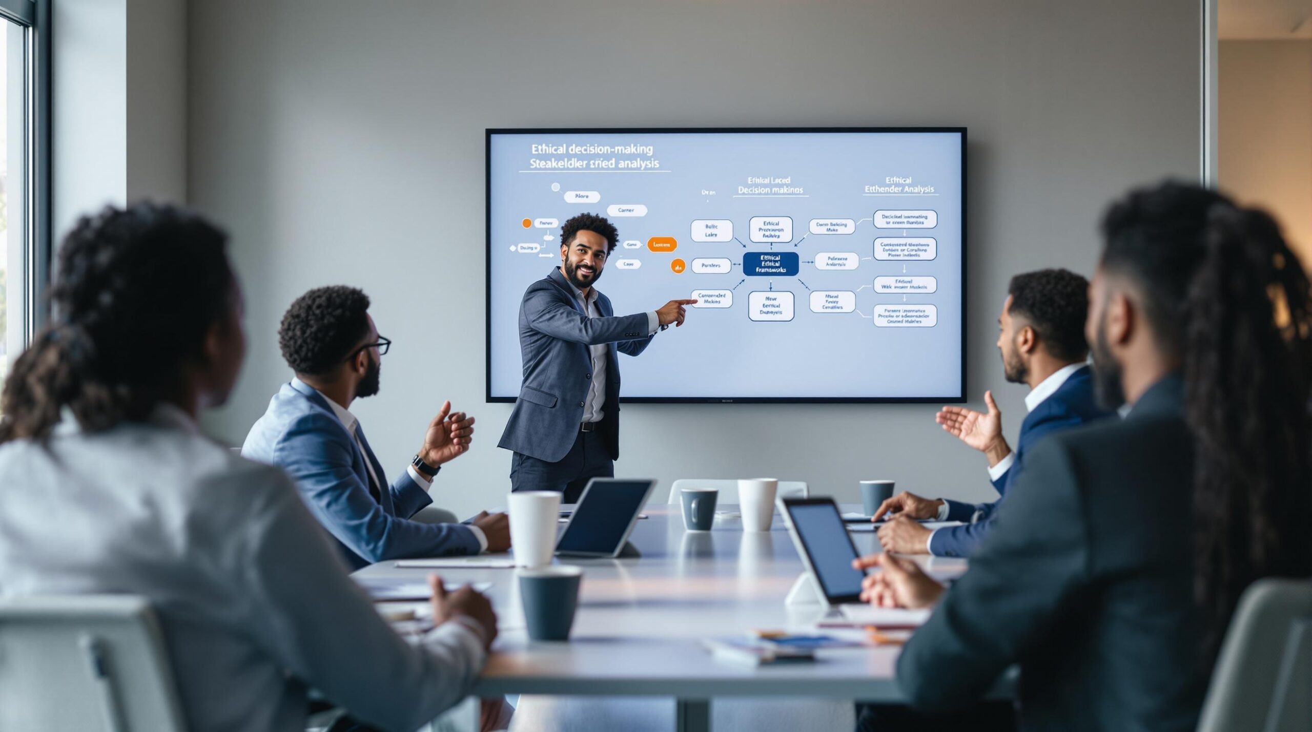 Diverse business executives collaborating around a conference table with digital displays showing ethical decision-making framework diagrams and stakeholder analysis for decision making in business ethics.