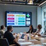 Diverse executives in modern conference room discussing ethical decision-making framework displayed on wall screens, engaged in strategic business ethics decision making around conference table with documents and digital devices.