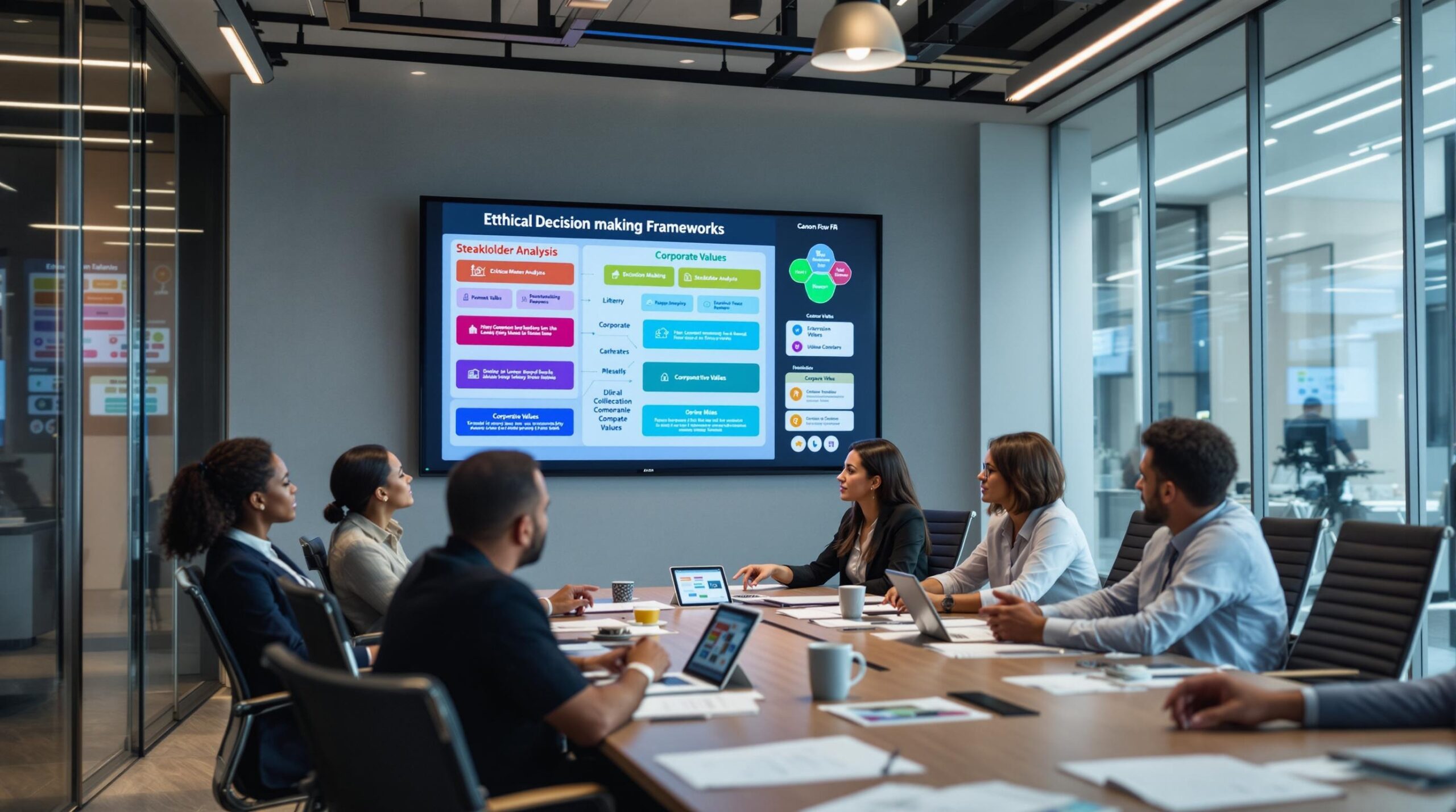 Diverse executives in modern conference room discussing ethical decision-making framework displayed on wall screens, engaged in strategic business ethics decision making around conference table with documents and digital devices.