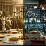 Split-screen image contrasting historical ethical dilemmas including 1960s psychology labs, Greek philosophers, and Nuremberg trials on the left with modern scenarios of AI developers and business meetings on the right, connected by golden scales of justice, illustrating timeless lessons from ethics across eras.