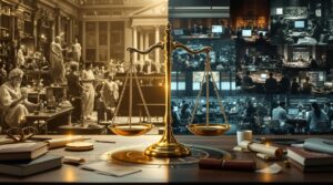 Split-screen image contrasting historical ethical dilemmas including 1960s psychology labs, Greek philosophers, and Nuremberg trials on the left with modern scenarios of AI developers and business meetings on the right, connected by golden scales of justice, illustrating timeless lessons from ethics across eras.