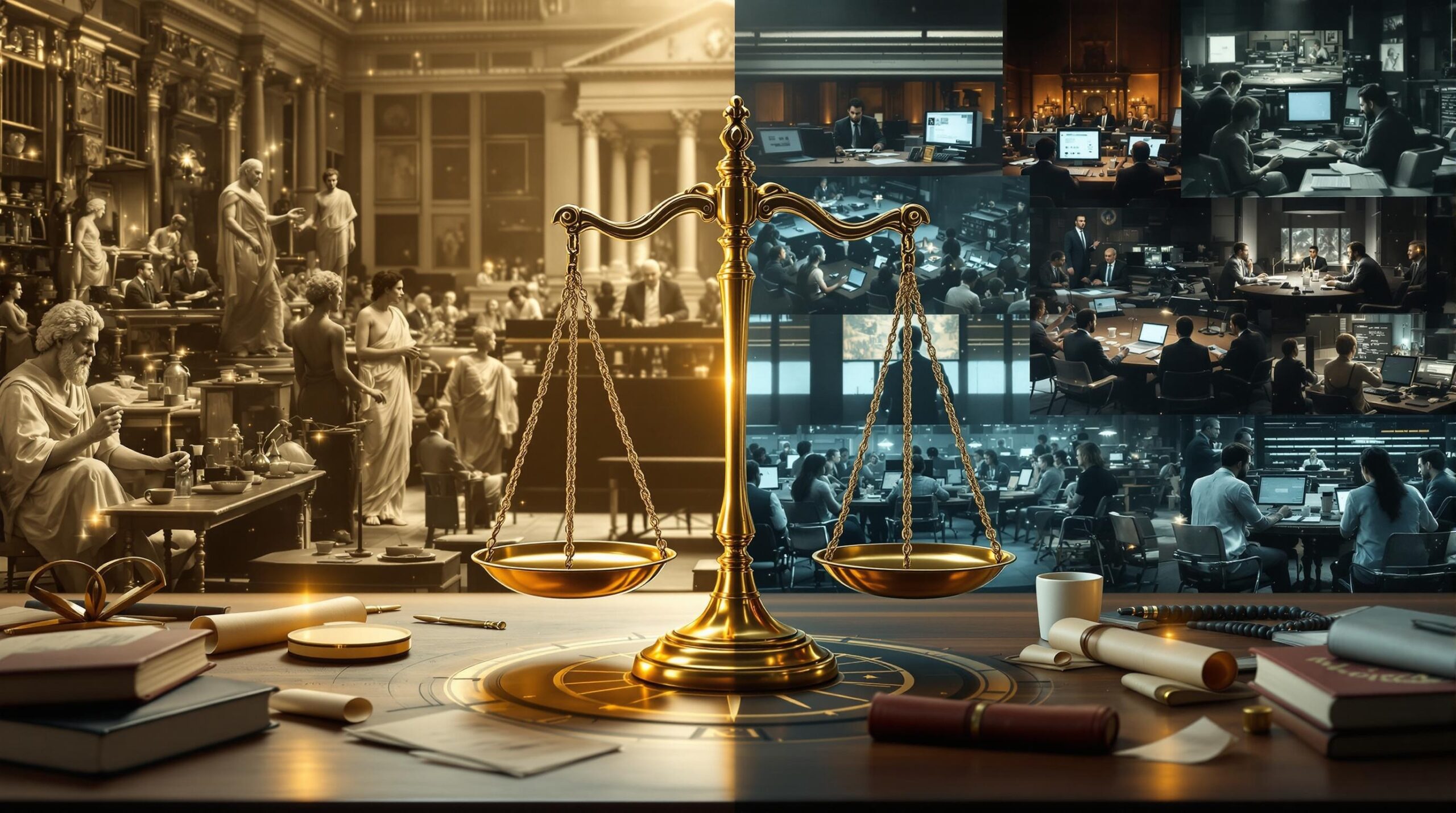 Split-screen image contrasting historical ethical dilemmas including 1960s psychology labs, Greek philosophers, and Nuremberg trials on the left with modern scenarios of AI developers and business meetings on the right, connected by golden scales of justice, illustrating timeless lessons from ethics across eras.