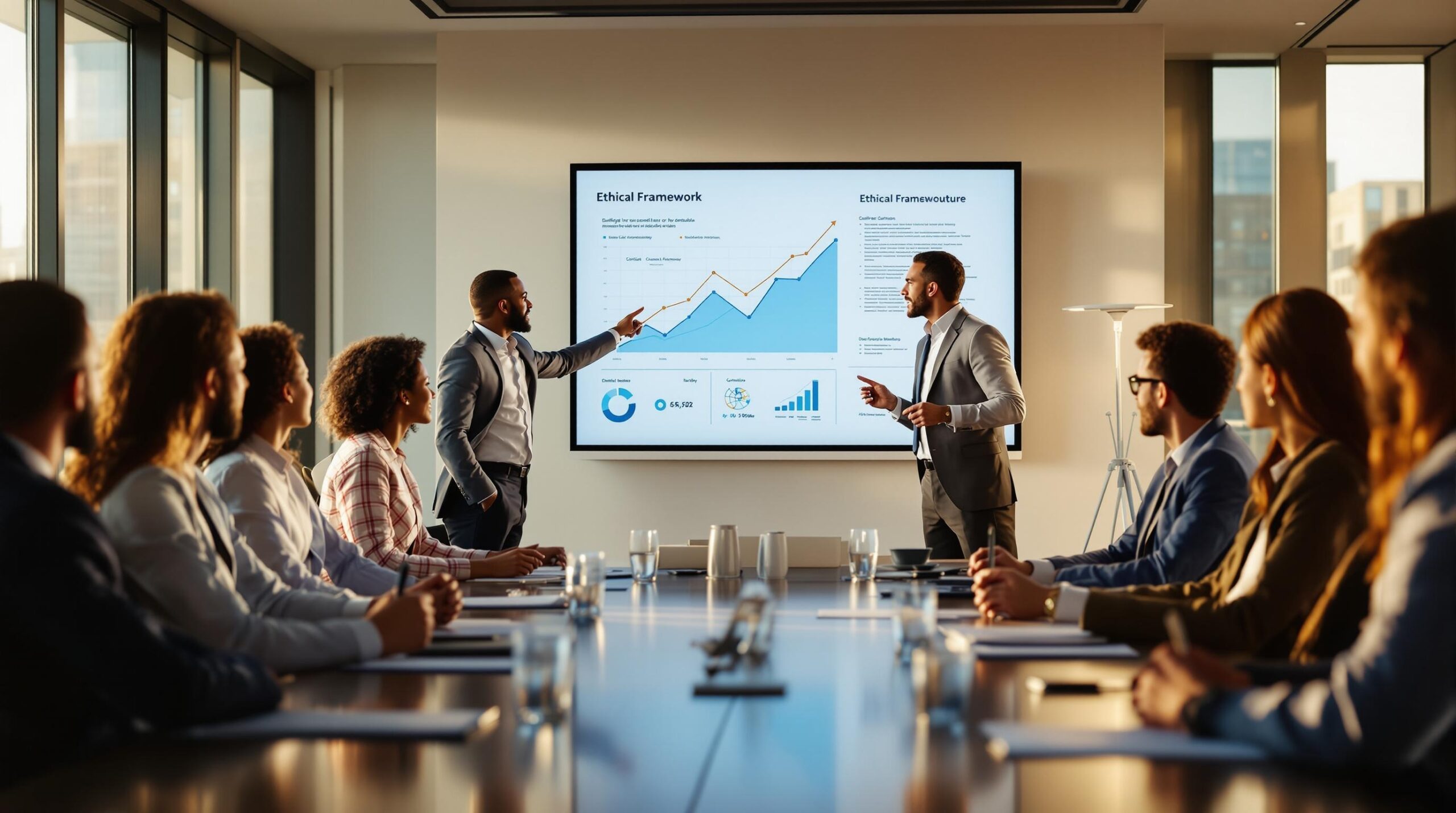 Diverse business executives in modern boardroom discussing ethical culture and workplace ethics, with presenter showing upward trending graphs on wall display