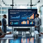 Diverse business executives discussing ethical culture and workplace ethics in modern conference room with presenter showing employee retention charts on wall screen