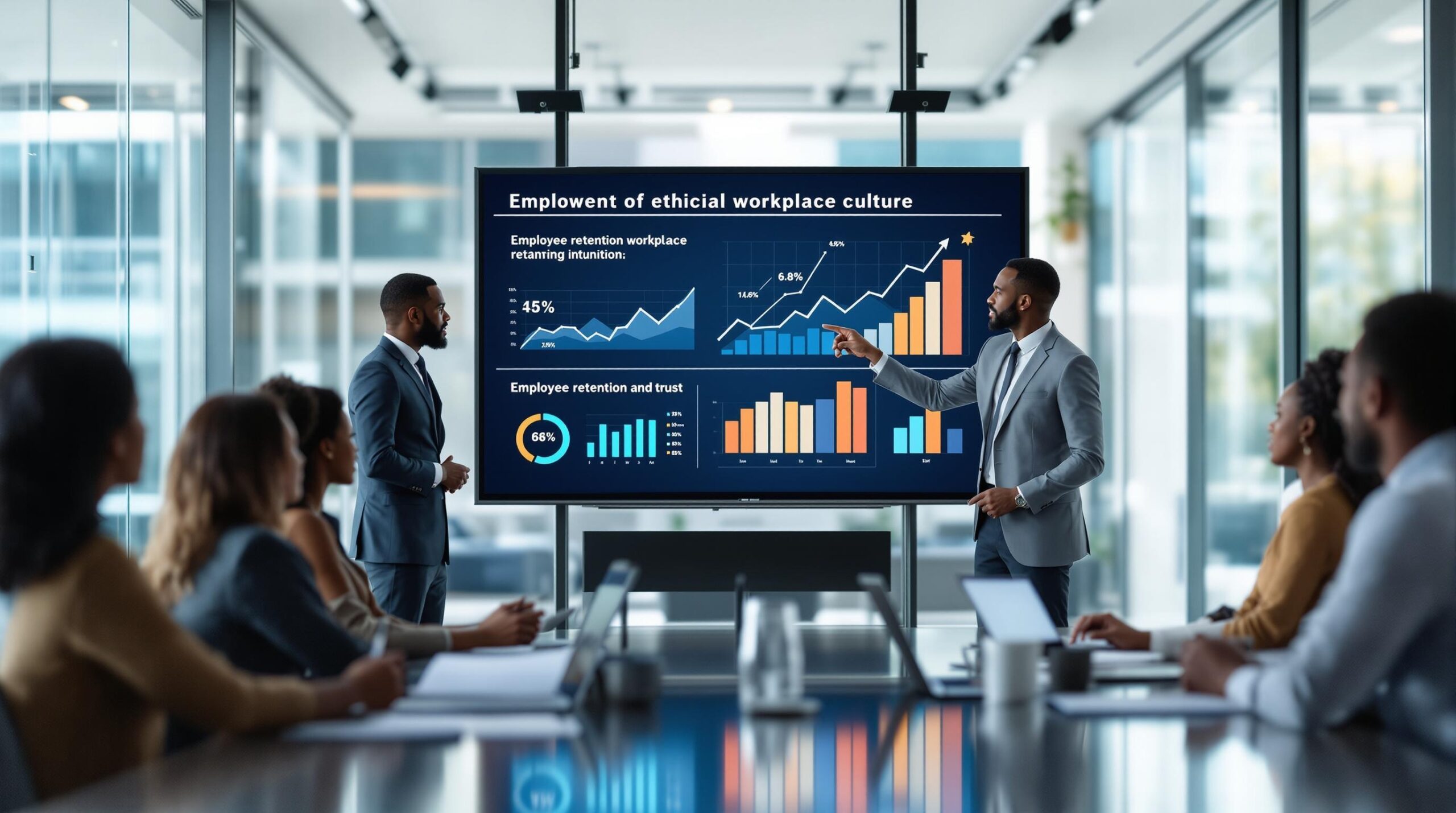 Diverse business executives discussing ethical culture and workplace ethics in modern conference room with presenter showing employee retention charts on wall screen