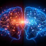 Split-screen brain visualization showing moral psychology and cognitive biases ethics through two neural pathways: rapid emotional processing (left, red/orange) and slower analytical reasoning (right, blue) converging at the center for ethical decision-making.