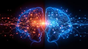 Split-screen brain visualization showing moral psychology and cognitive biases ethics through two neural pathways: rapid emotional processing (left, red/orange) and slower analytical reasoning (right, blue) converging at the center for ethical decision-making.