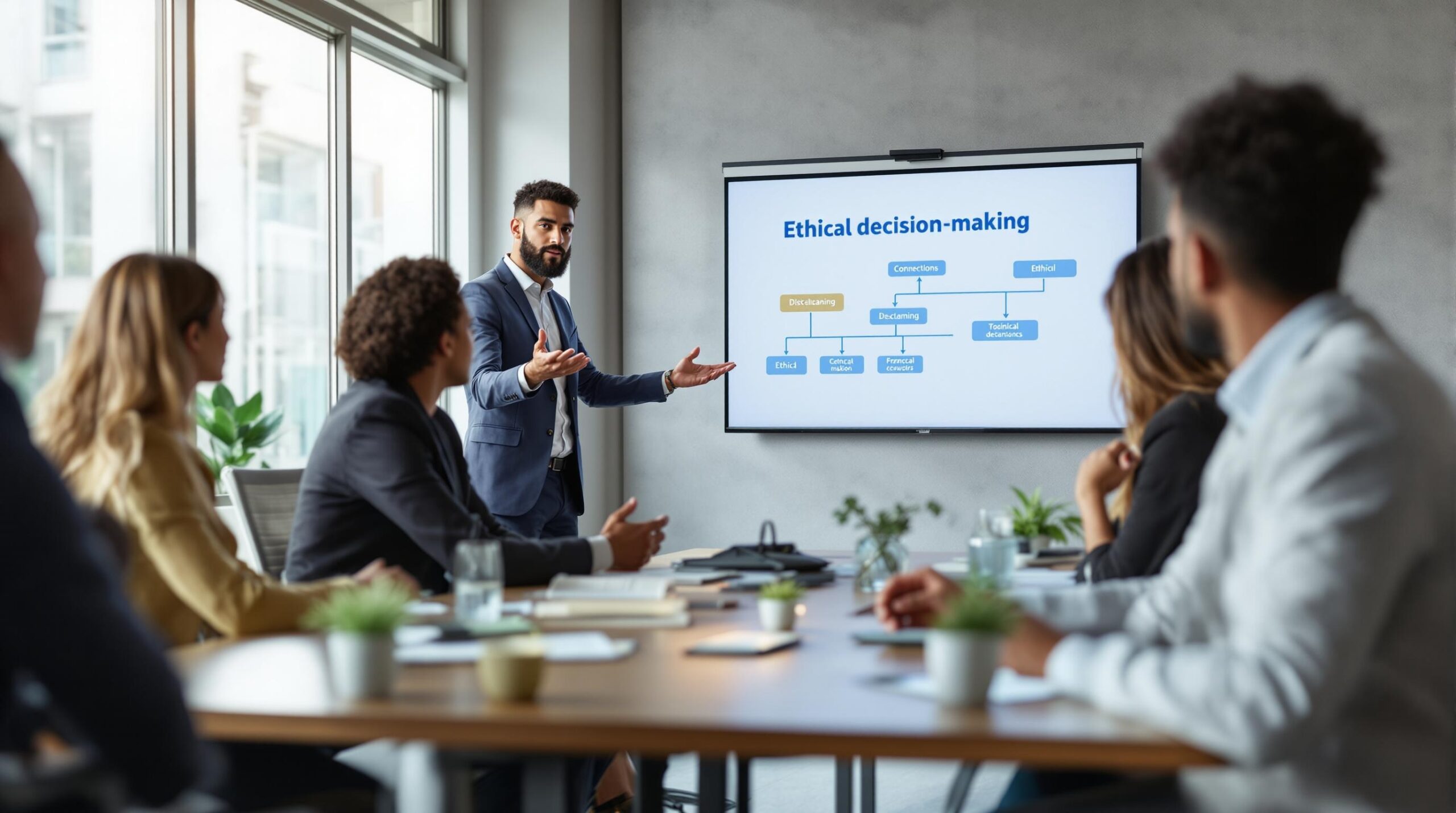 Diverse business team engaged in workplace ethics and employee ethics training session around conference table in modern office with digital presentation screen displaying ethical decision-making flowchart.