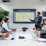 Diverse business team participating in workplace ethics and employee ethics training session around conference table with facilitator presenting ethical decision-making flowchart in modern corporate office.