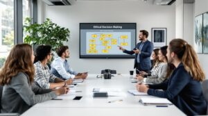 Diverse business team participating in workplace ethics and employee ethics training session around conference table with facilitator presenting ethical decision-making flowchart in modern corporate office.
