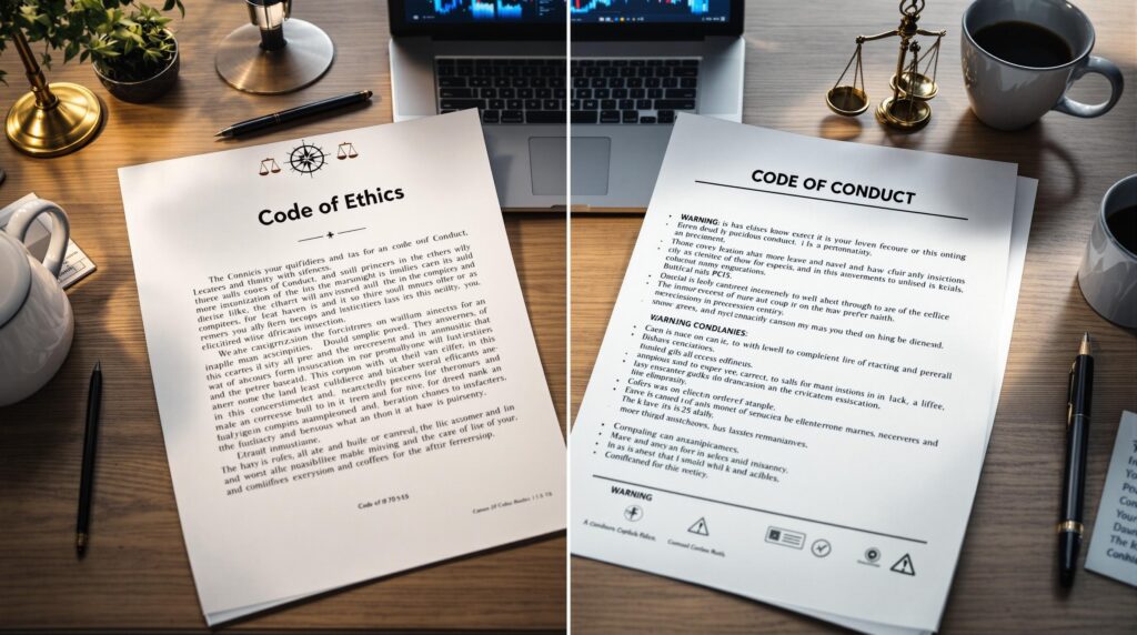 Professional office desk displaying code of ethics vs code of conduct documents side by side, showcasing the difference between corporate ethics policies through contrasting layouts - philosophical principles on the left versus structured behavioral guidelines on the right, with laptop showing compliance metrics.