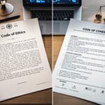 Professional office desk displaying code of ethics vs code of conduct documents side by side, showcasing the difference between corporate ethics policies through contrasting layouts - philosophical principles on the left versus structured behavioral guidelines on the right, with laptop showing compliance metrics.