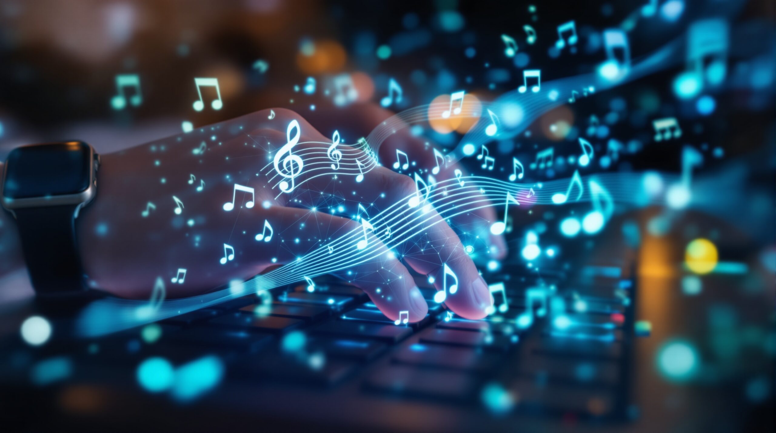 Hands typing on keyboard with glowing AI neural networks and floating musical notes, representing AI lyrics generation