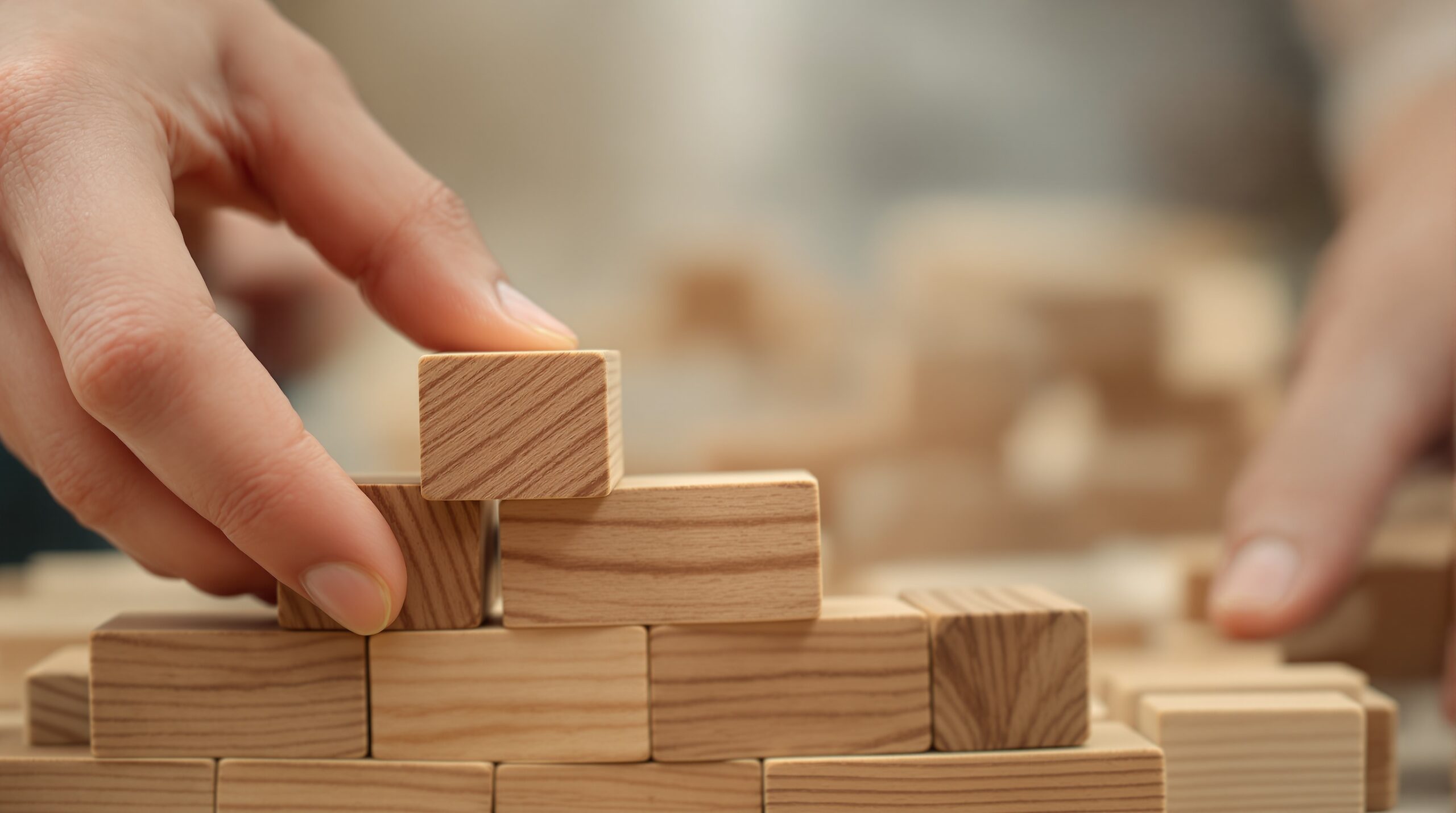 Hands carefully placing wooden blocks to build foundation, symbolizing ethical business leadership and accountability