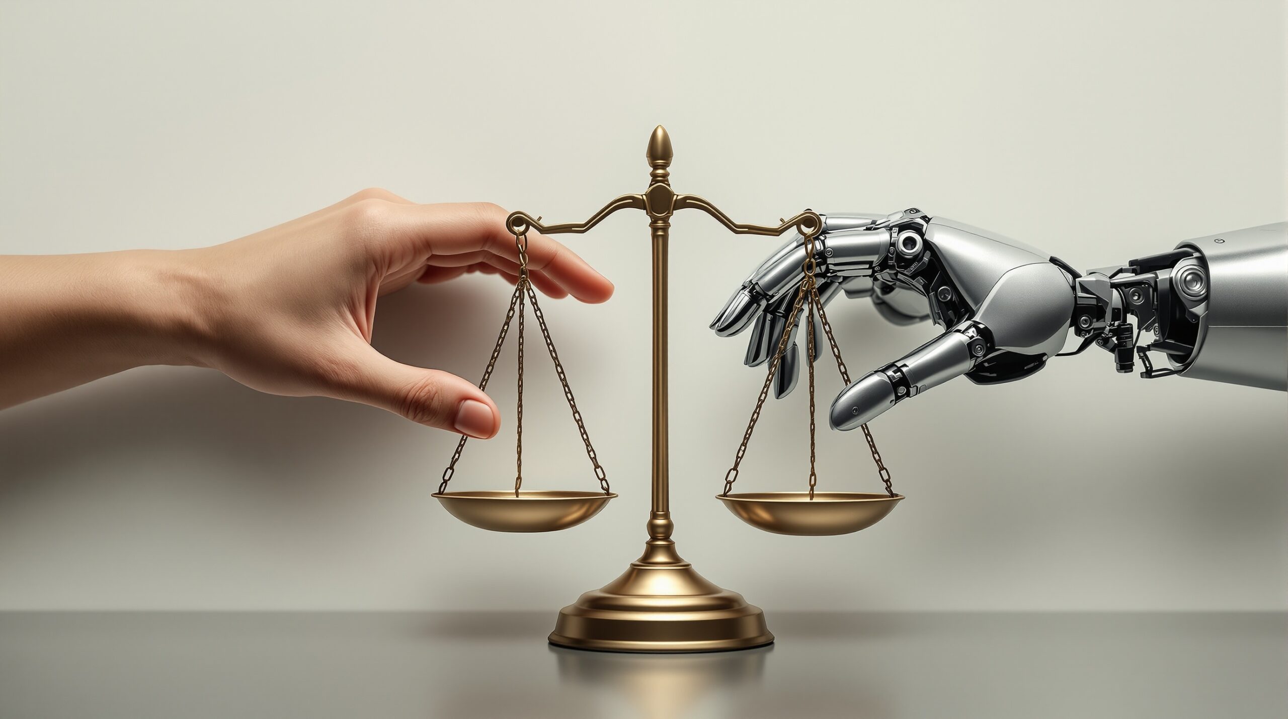 Human and robotic hands reaching toward balanced scales of justice, symbolizing ethical leadership in AI decision-making