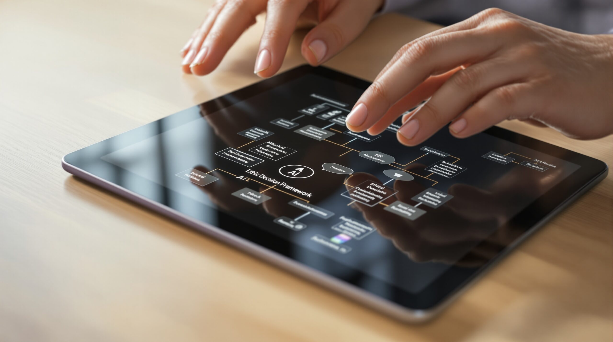 Hands hovering over tablet displaying ethical decision framework flowchart, symbolizing thoughtful leadership choices