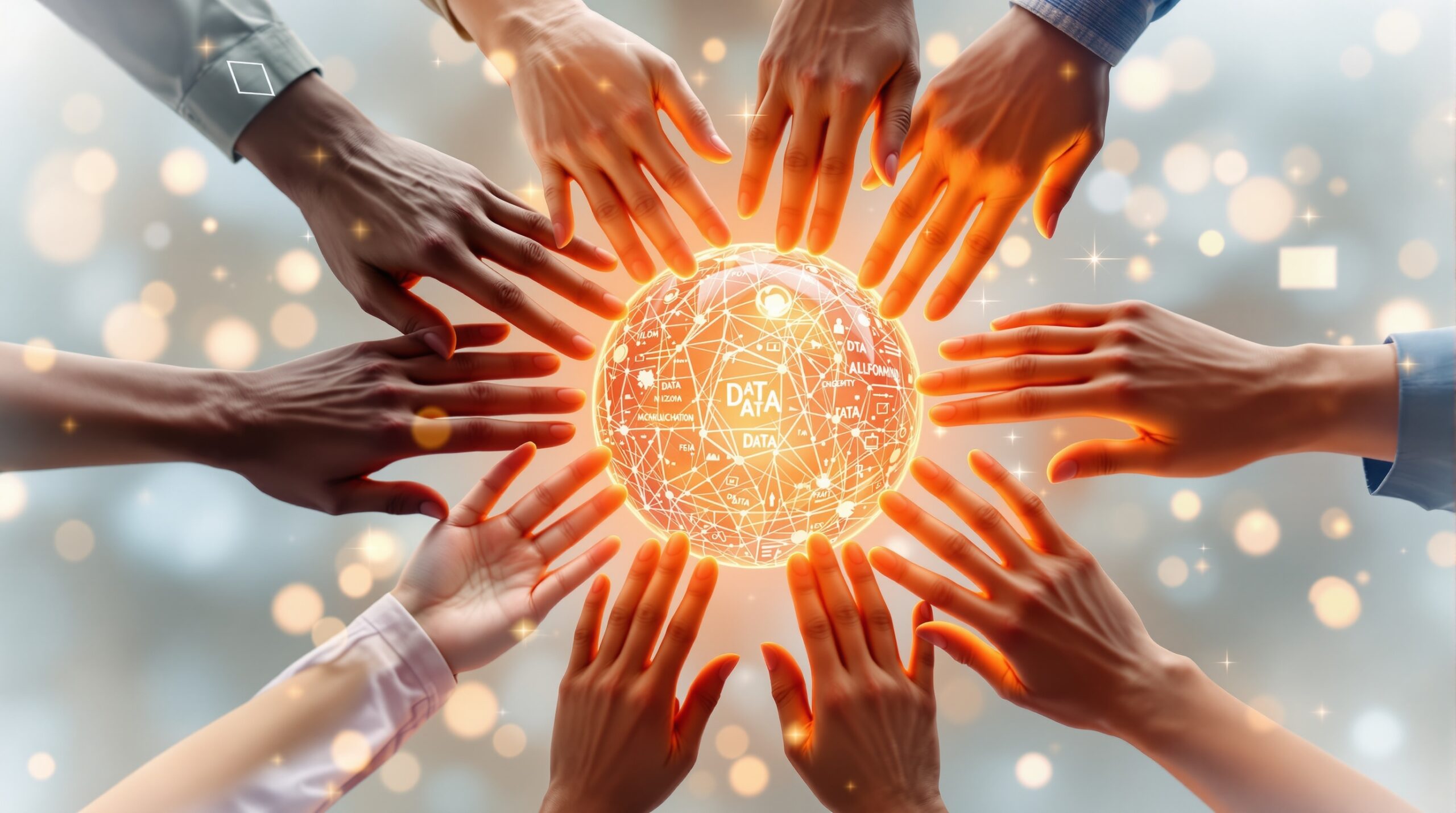Diverse hands reaching toward glowing sphere containing data algorithms, symbolizing collaborative AI ethics approach