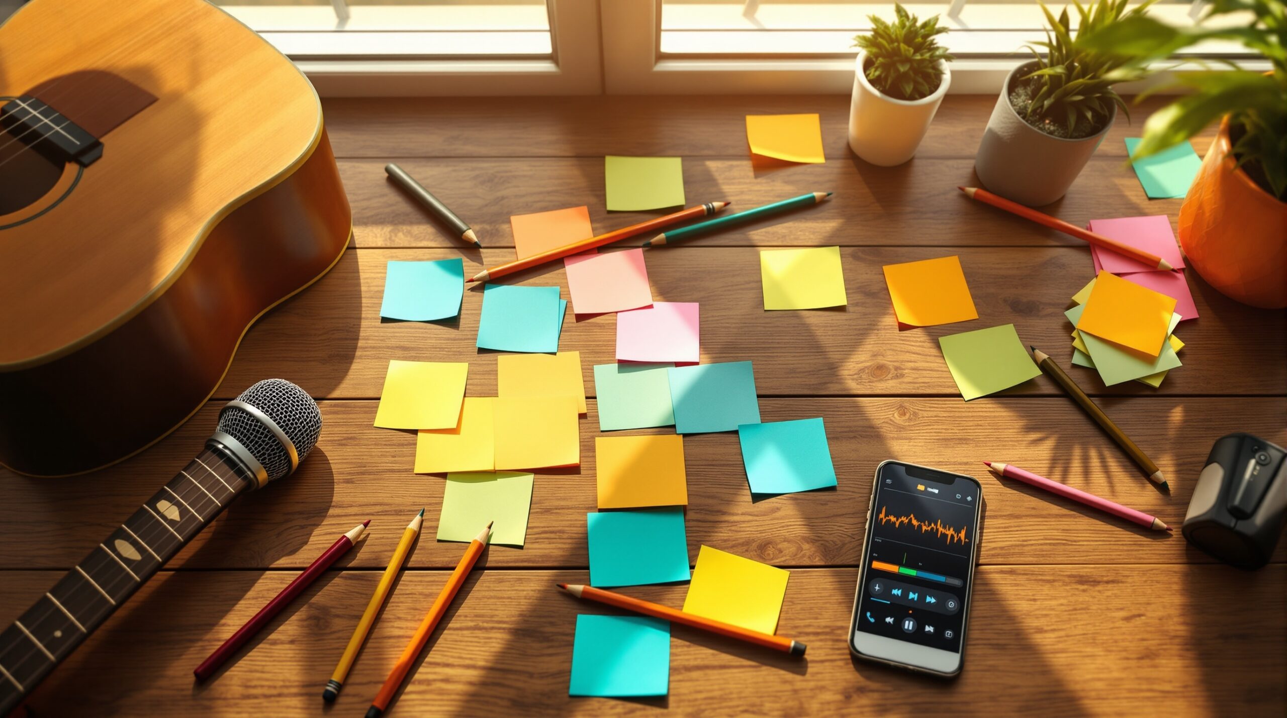 Overhead view of songwriting workspace with microphone, guitar, sticky notes, and smartphone showing audio waveforms
