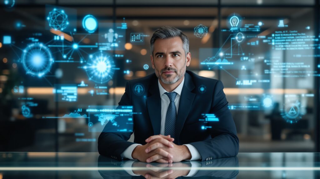 Business leader at glass desk with holographic AI interface elements and neural network visualizations in modern office
