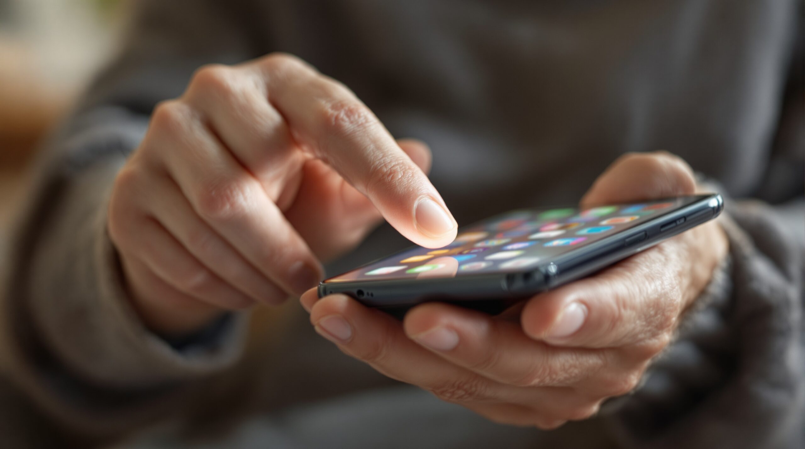 Elderly hands confidently using smartphone with colorful app icons, demonstrating AI technology accessibility for seniors