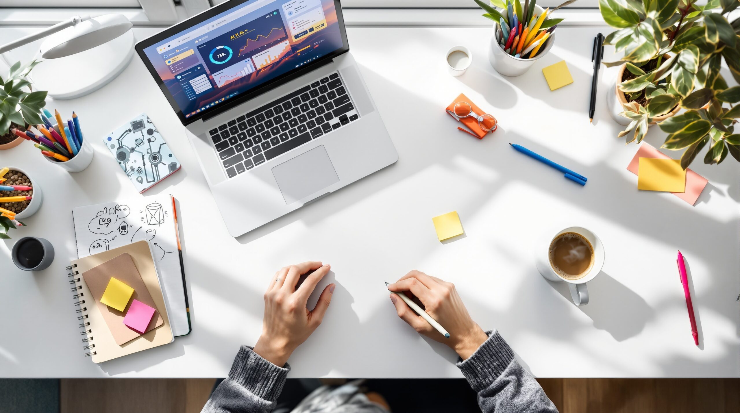 Modern workspace with laptop showing AI interface alongside handwritten notebooks, pens, and coffee cup on white desk