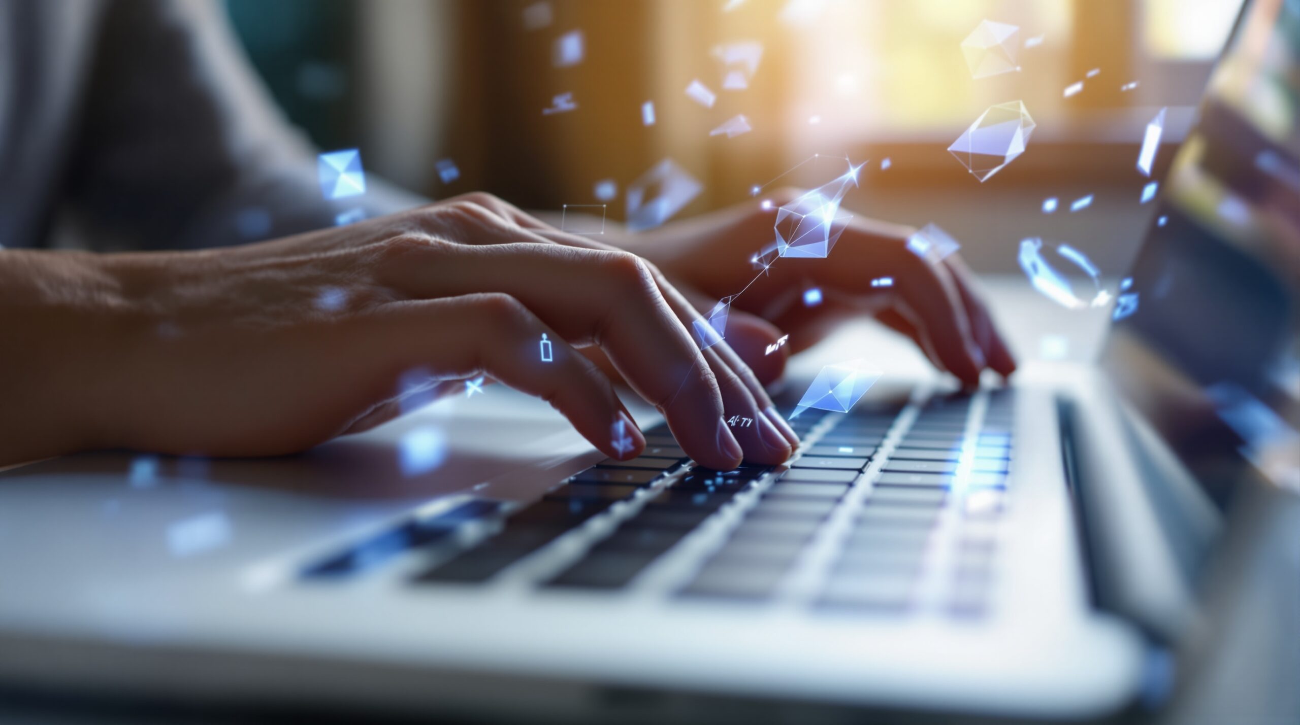 Human hands typing on laptop with holographic AI elements floating above, showing collaboration between writer and technology