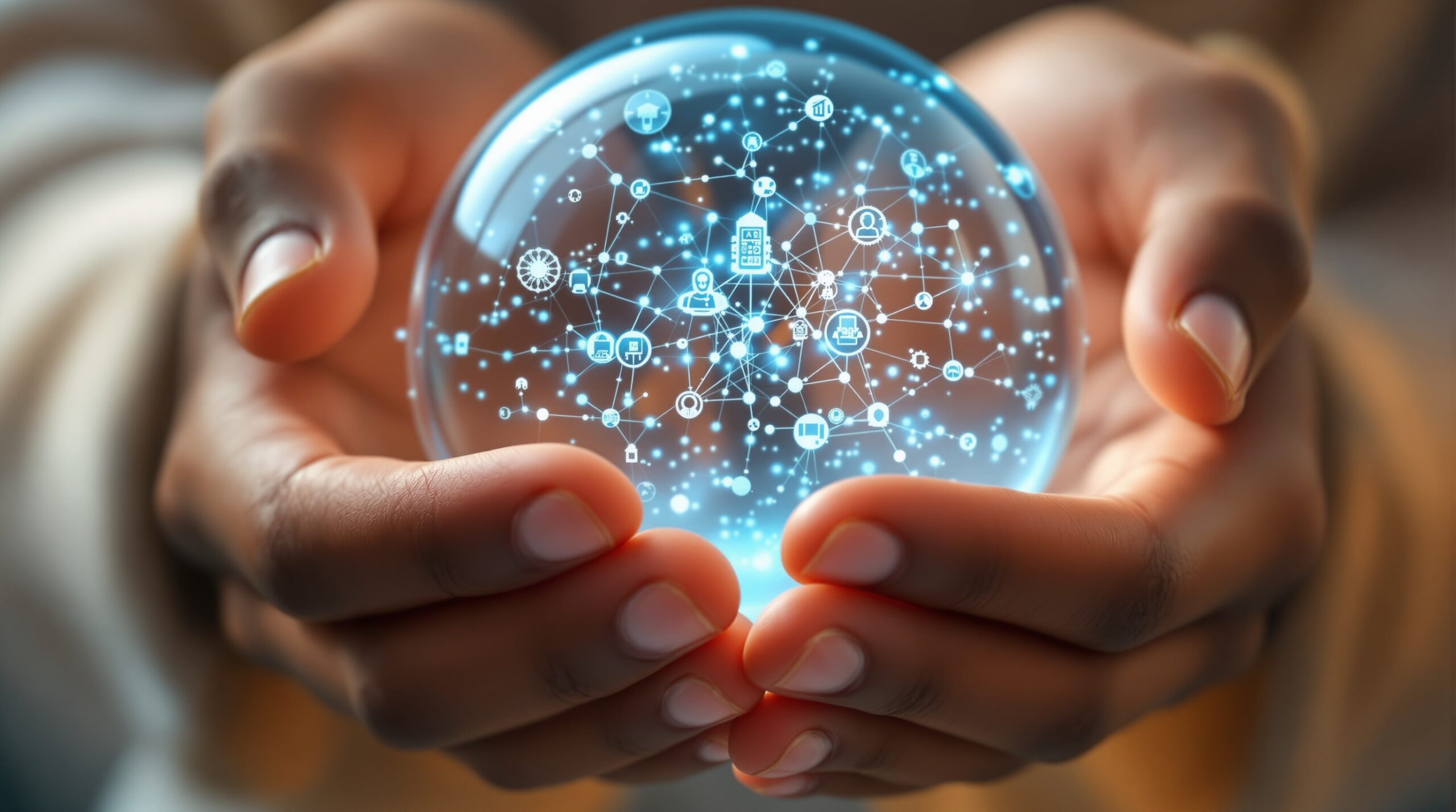 Diverse hands protectively cupping a glowing sphere containing AI network visualizations, symbolizing human guidance in AI ethics