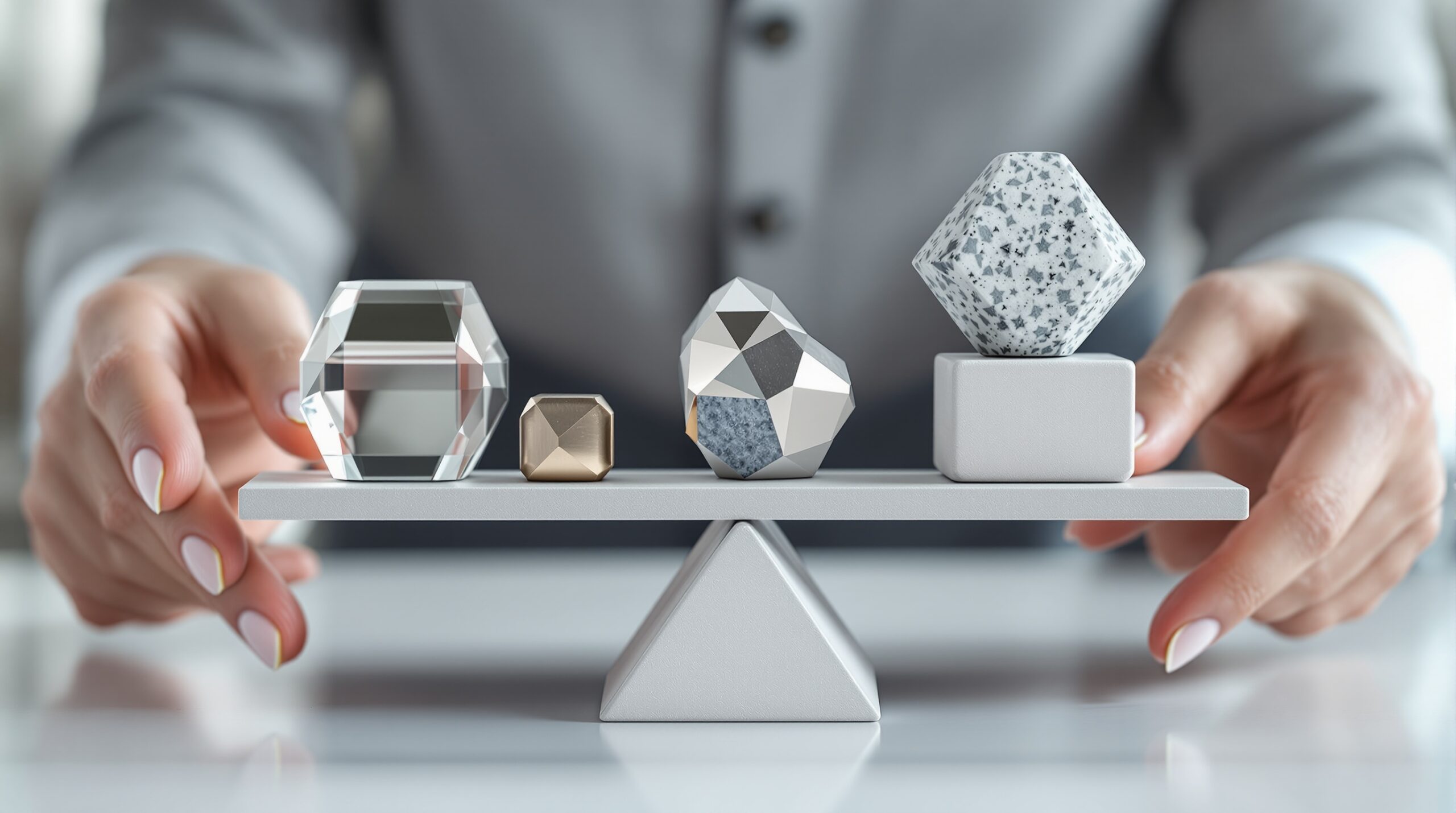 Hands carefully balancing geometric shapes on a precision scale, representing ethical decision making framework considerations