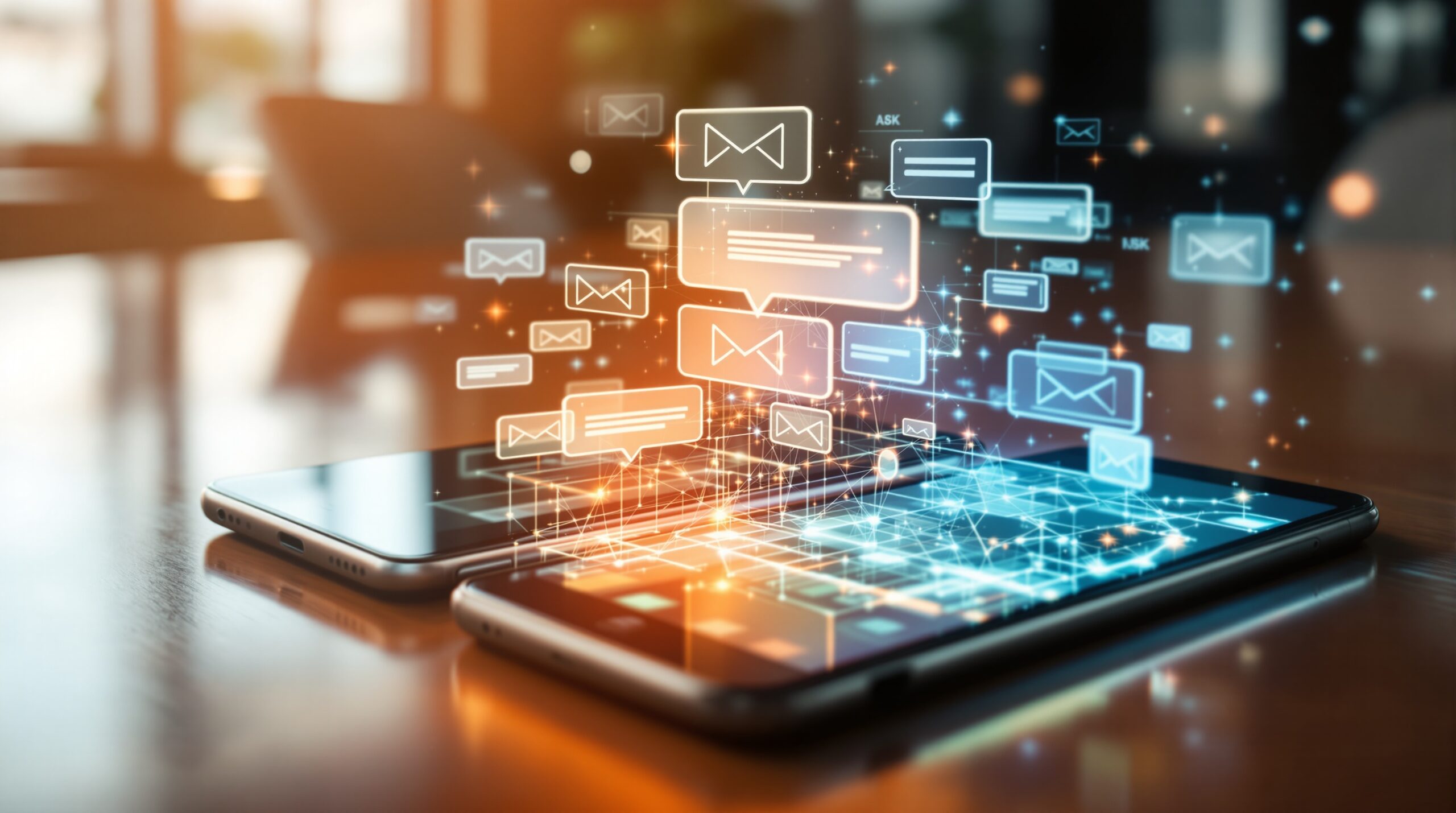 Two smartphones on wooden table showing email threads with AI holographic elements visualizing enhanced communication